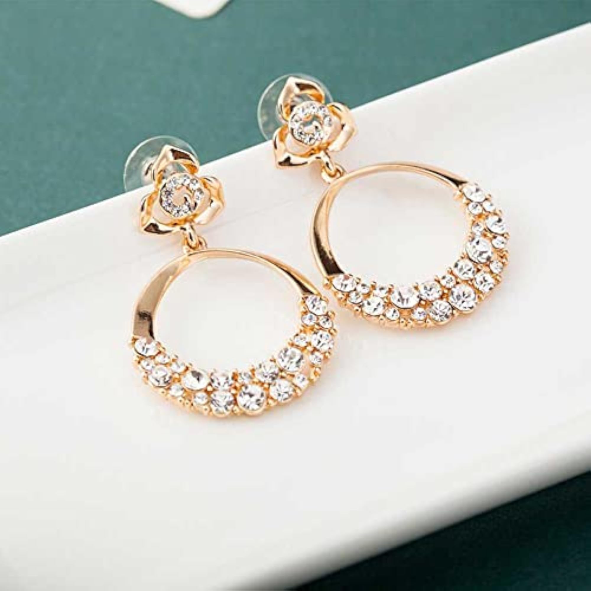 Women's Plated Flower Stud Drop Earrings with Crystal, Dangle